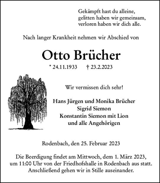 Traueranzeige von Otto Brücher von Dill Block