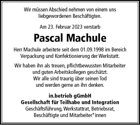 Traueranzeige von Pascal Machule von Allgemeine Zeitung Mainz
