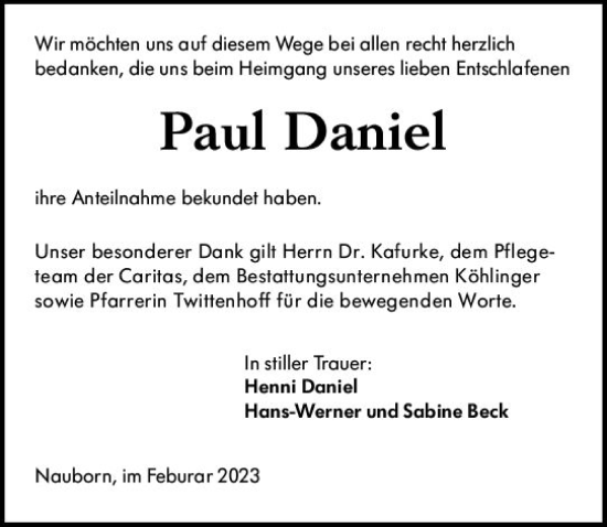 Traueranzeige von Paul Daniel von Wetzlarer Neue Zeitung