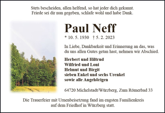 Traueranzeige von Paul Neff von Odenwälder Echo