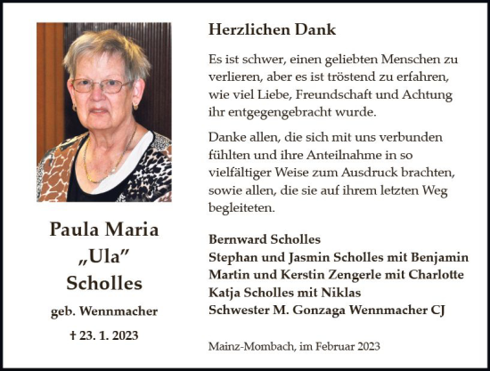 Traueranzeige von Paula Maria Scholles von Allgemeine Zeitung Mainz