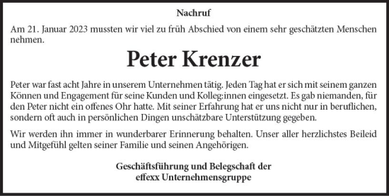 Traueranzeige von Peter Krenzer von Dill Block