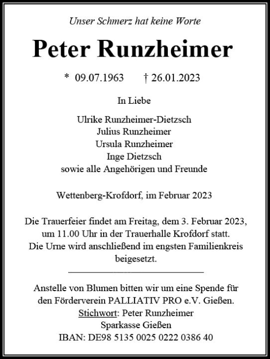 Traueranzeige von Peter Runzheimer von Hinterländer Anzeiger