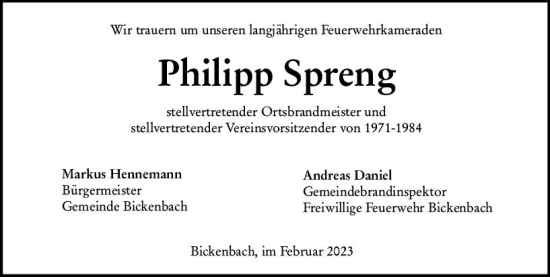 Traueranzeige von Philipp Spreng von Darmstädter Echo