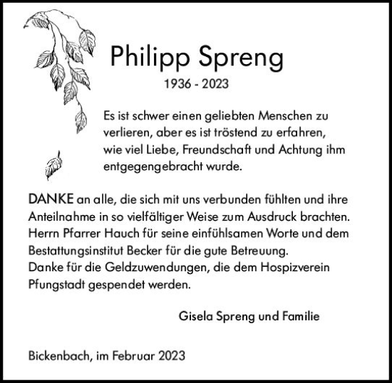 Traueranzeige von Philipp Spreng von Darmstädter Echo