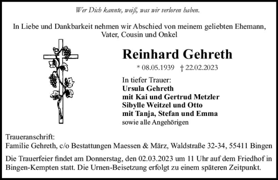 Traueranzeige von Reinhard Gehreth von Allgemeine Zeitung Bingen/Ingelheim