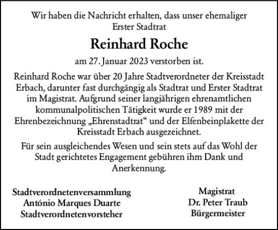 Traueranzeige von Reinhard Roche von Odenwälder Echo