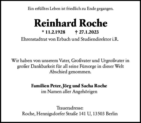 Traueranzeige von Reinhard Roche von Odenwälder Echo