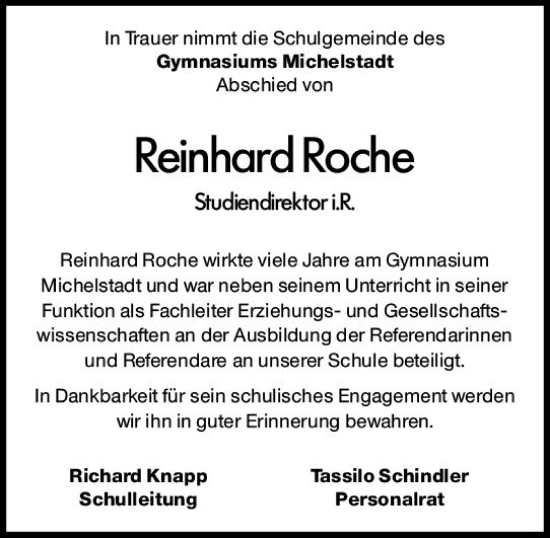 Traueranzeige von Reinhard Roche von Odenwälder Echo