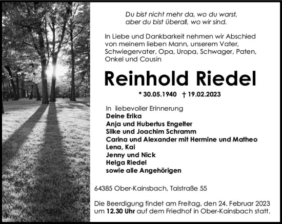 Traueranzeige von Reinhold Riedel von Odenwälder Echo