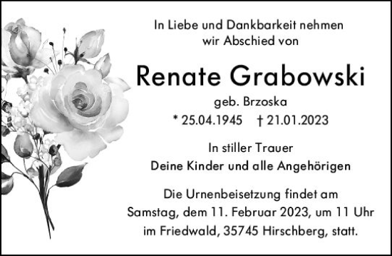 Traueranzeige von Renate Grabowski von Dill Block