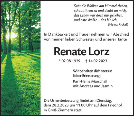 Traueranzeige von Renate Lorz von Dieburger Anzeiger/Groß-Zimmerner Lokal-Anzeiger