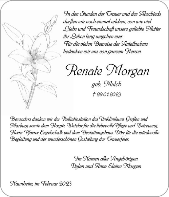 Traueranzeige von Renate Morgan von Wetzlarer Neue Zeitung