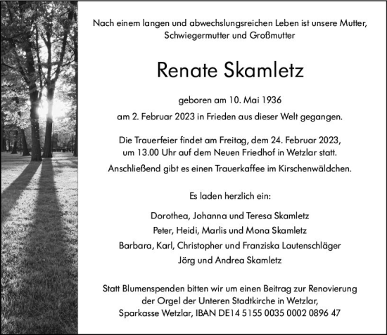 Traueranzeige von Renate Skamletz von Wetzlarer Neue Zeitung