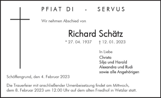 Traueranzeige von Richard Schätz von Wetzlarer Neue Zeitung