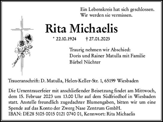 Traueranzeige von Rita Michaelis von Wiesbadener Kurier gesamt