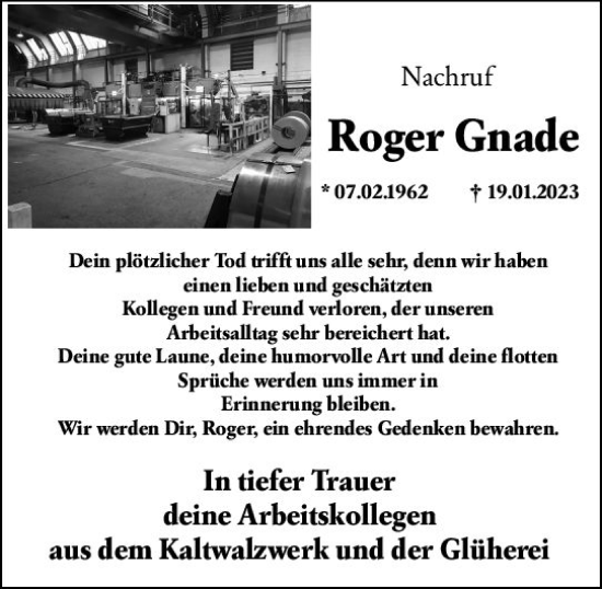 Traueranzeige von Roger Gnade von Wetzlarer Neue Zeitung