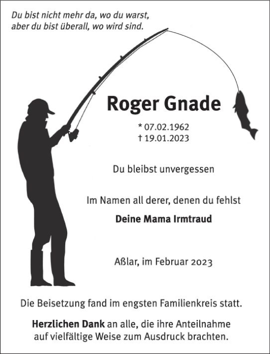 Traueranzeige von Roger Gnade von Wetzlarer Neue Zeitung