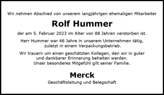 Traueranzeige von Rolf Hummer von Darmstädter Echo