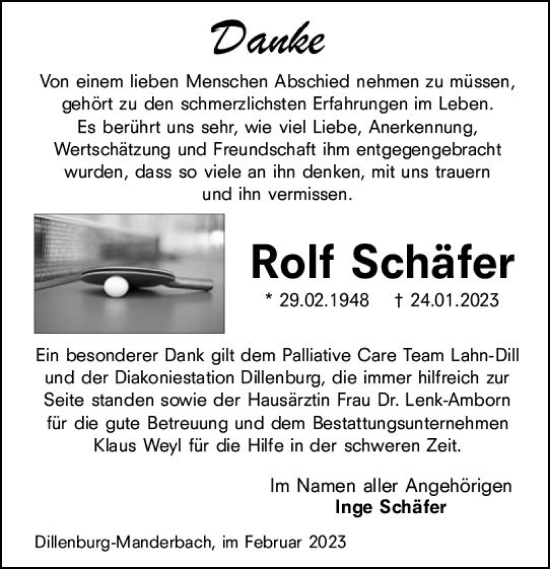 Traueranzeige von Rolf Schäfer von Dill Block