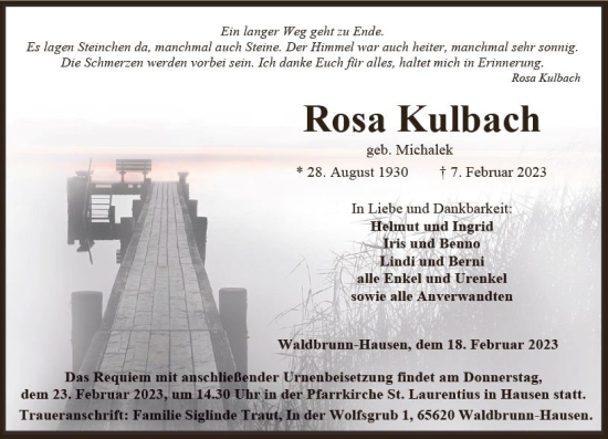 Traueranzeige von Rosa Kulbach von Nassauische Neue Presse