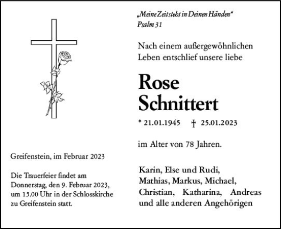 Traueranzeige von Rose Schnittert von Dill Block