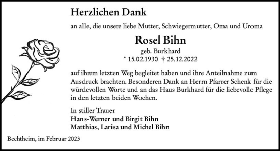 Traueranzeige von Rosel Bihn von Wormser Zeitung