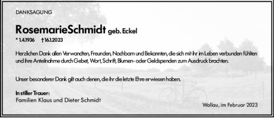 Traueranzeige von Rosemarie Schmidt von Hinterländer Anzeiger