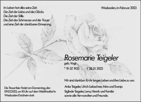 Traueranzeige von Rosemarie Teigeler von Wiesbadener Kurier gesamt