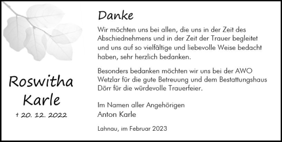 Traueranzeige von Roswitha Karle von Wetzlarer Neue Zeitung