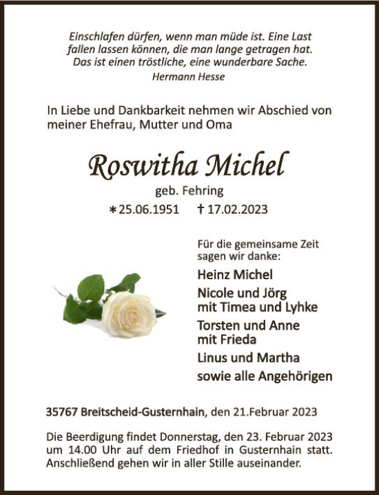 Traueranzeige von Roswitha Michel von Dill Block