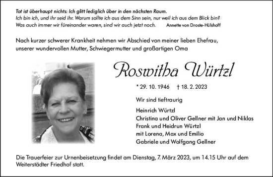 Traueranzeige von Roswitha Würtzl von Darmstädter Echo