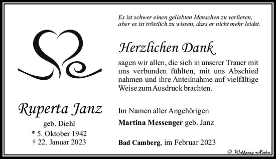 Traueranzeige von Ruperta Janz von Camberger Anzeiger