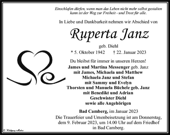 Traueranzeige von Ruperta Janz von Camberger Anzeiger
