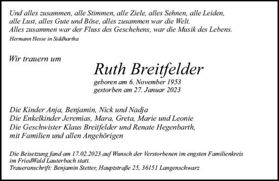 Traueranzeige von Ruth Breitfelder von VRM Trauer
