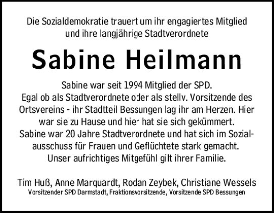 Traueranzeige von Sabine Heilmann von Darmstädter Echo