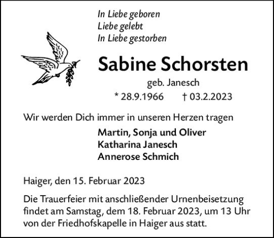 Traueranzeige von Sabine Schorsten von Dill Block