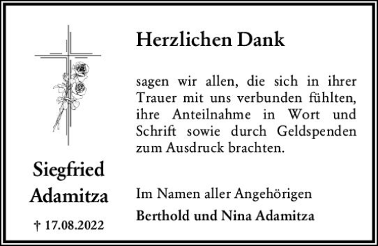 Traueranzeige von Siegfried Adamitza von Allgemeine Zeitung Bingen/Ingelheim