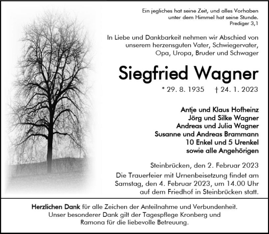 Traueranzeige von Siegfried Wagner von Dill Block