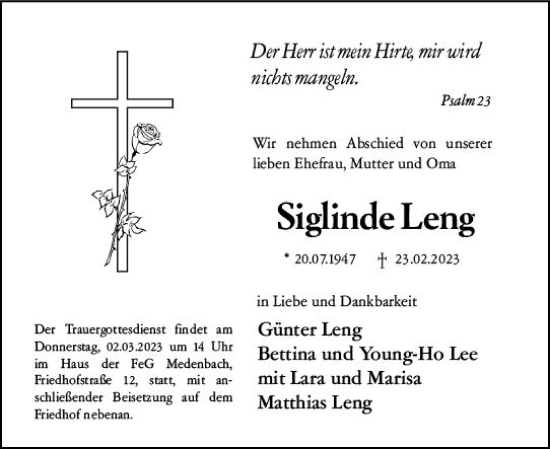Traueranzeige von Siglinde Leng von Dill Block