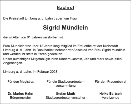Traueranzeige von Sigrid Mündlein von Nassauische Neue Presse