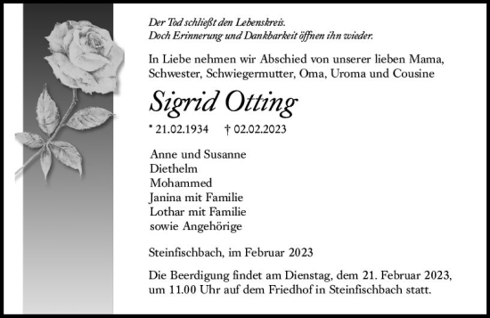 Traueranzeige von Sigrid Otting von Camberger Anzeiger