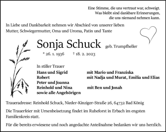 Traueranzeige von Sonja Schuck von Odenwälder Echo