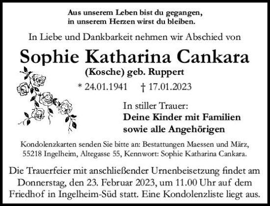 Traueranzeige von Sophie Katharina Cankara von Allgemeine Zeitung Bingen/Ingelheim