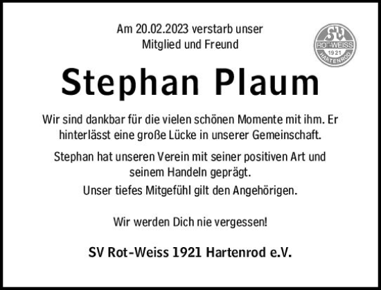 Traueranzeige von Stephan Plaum von Hinterländer Anzeiger
