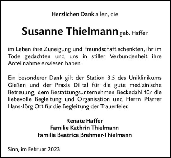 Traueranzeige von Susanne Thielmann von Dill Block