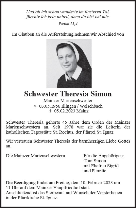 Traueranzeige von Theresia Simon von Allgemeine Zeitung Mainz