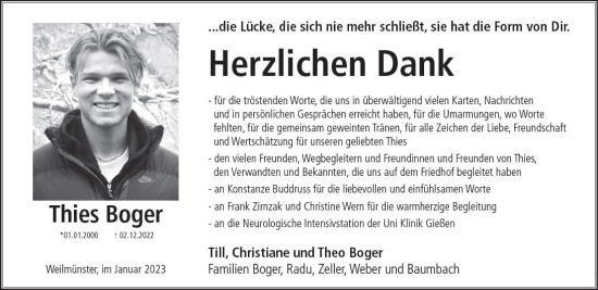 Traueranzeige von Thies Boger von Weilburger Tageblatt