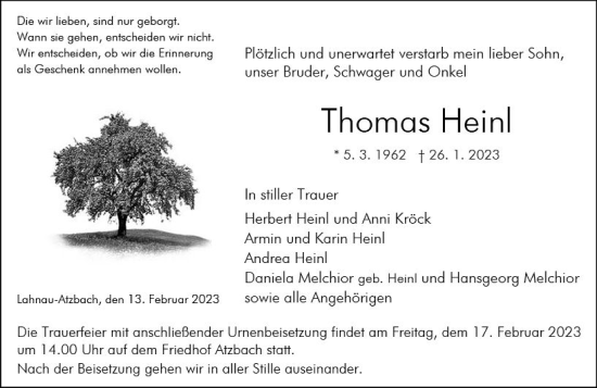 Traueranzeige von Thomas Heinl von Wetzlarer Neue Zeitung