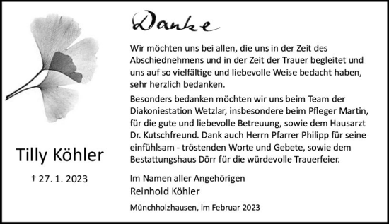 Traueranzeige von Tilly Köhler von Wetzlarer Neue Zeitung